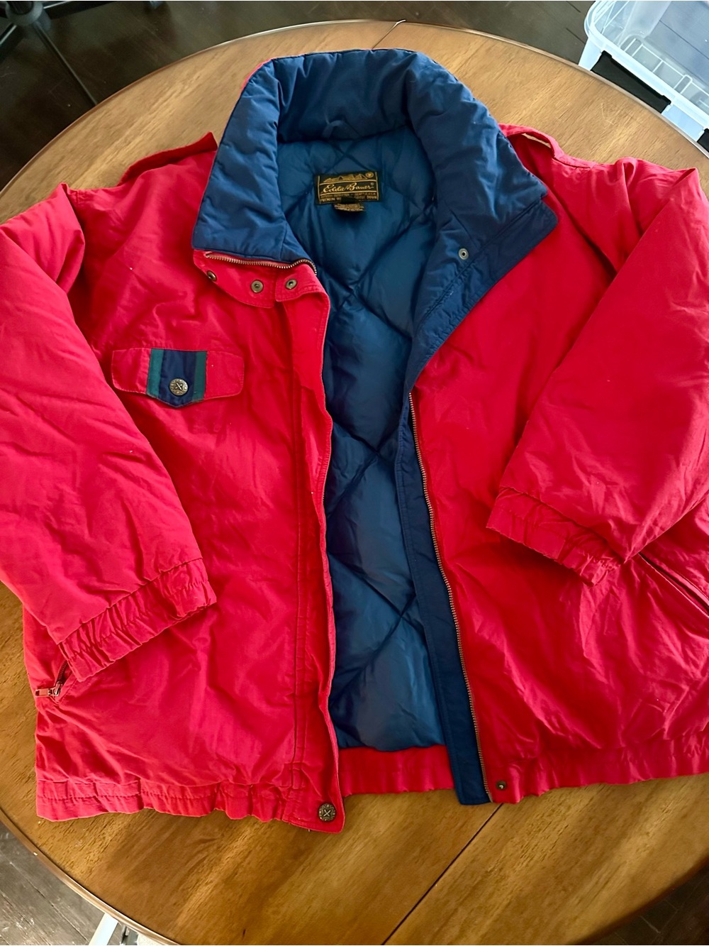Retro Eddie Bauer Unisex Red Puffer Jacket with Navy Lining